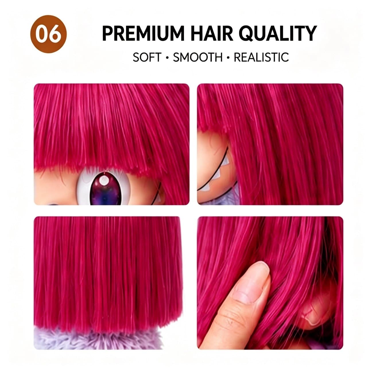 Bright Hot Pink collectible doll wig compatible with 17cm collectible 17cm dolls, hair texture detail