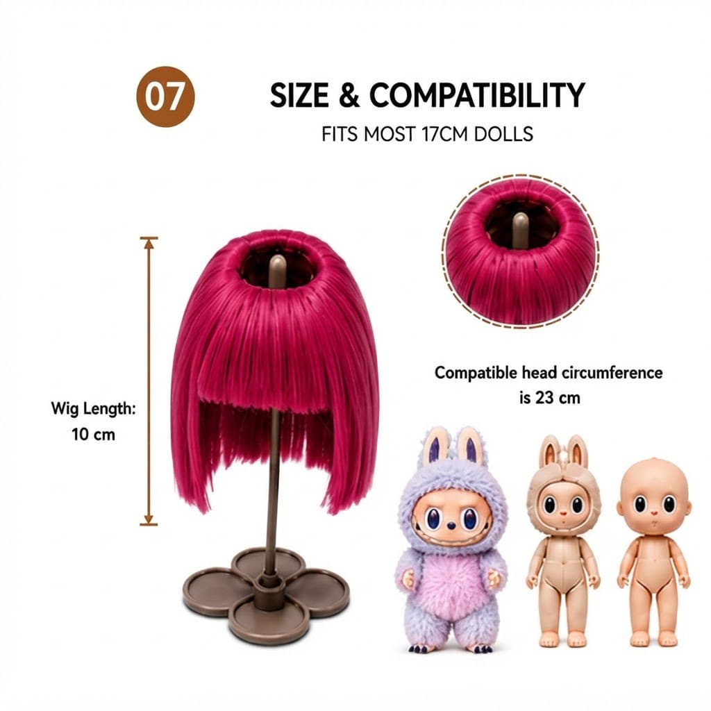Collectible doll wig size guide for 17cm collectible 17cm dolls, approx. 23 cm head circumference