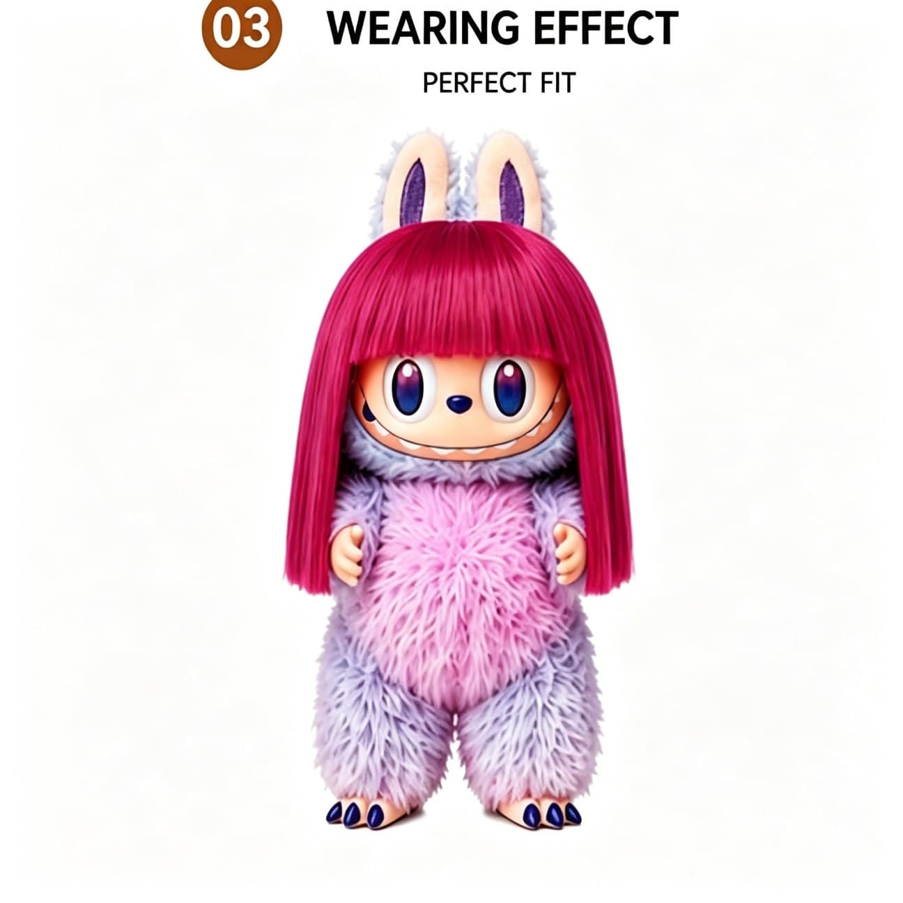 Bright Hot Pink collectible doll wig compatible with 17cm collectible 17cm dolls, front wearing view