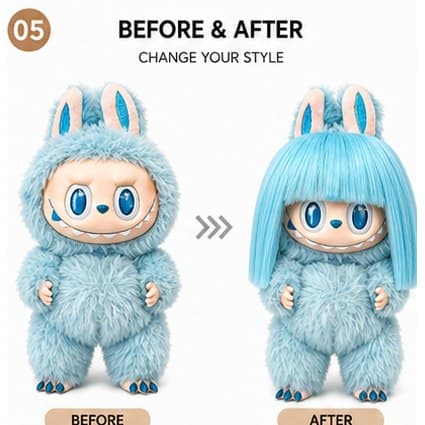 Sea-Salt Blue collectible doll wig compatible with 17cm collectible 17cm dolls, before and after styling comparison
