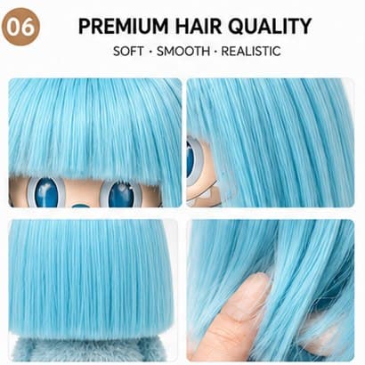 Sea-Salt Blue collectible doll wig compatible with 17cm collectible 17cm dolls, hair texture detail