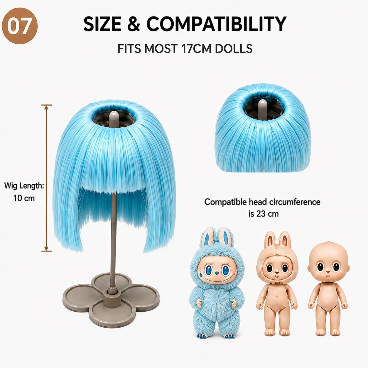 Collectible doll wig size guide for 17cm collectible 17cm dolls, approx. 23 cm head circumference