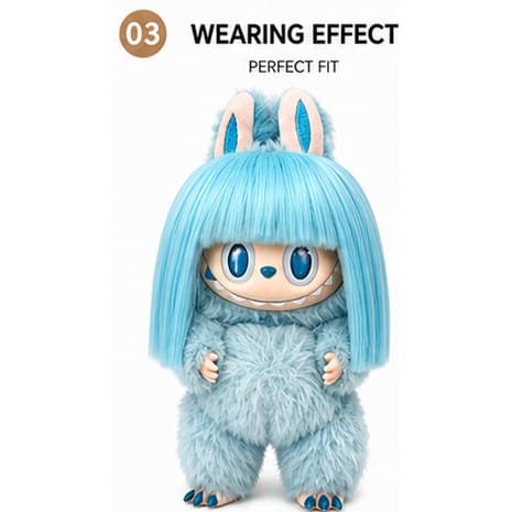 Sea-Salt Blue collectible doll wig compatible with 17cm collectible 17cm dolls, front wearing view
