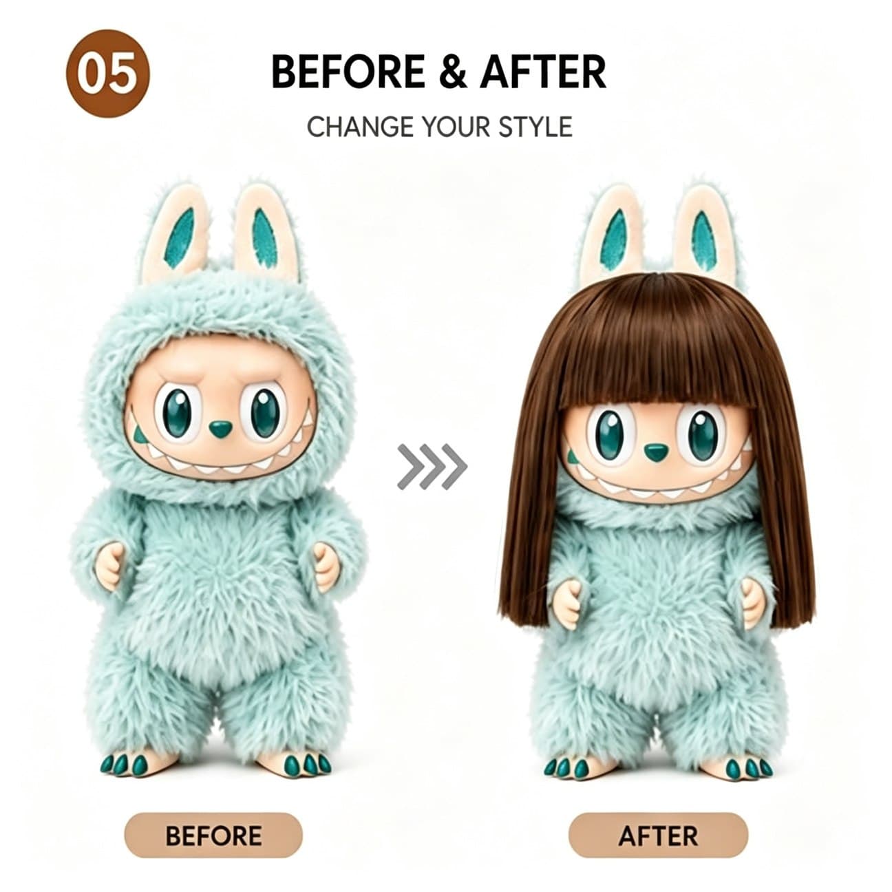 Vintage Dark Coffee collectible doll wig compatible with 17cm collectible 17cm dolls, before and after styling comparison