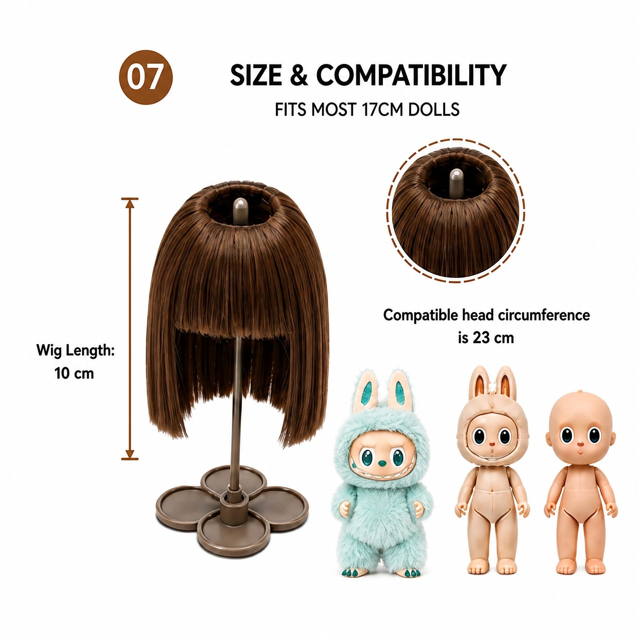 Collectible doll wig size guide for 17cm collectible 17cm dolls, approx. 23 cm head circumference
