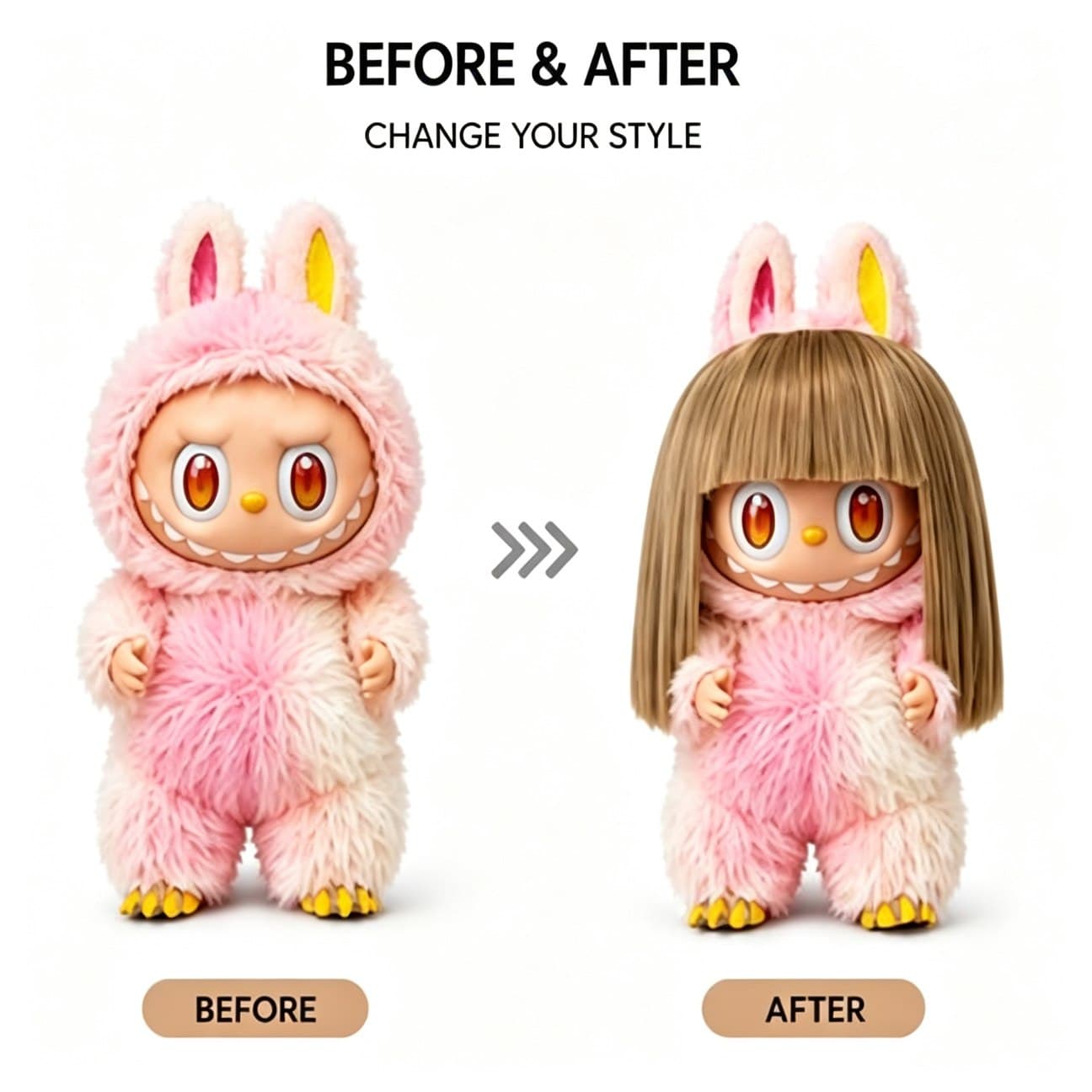 Light Flaxen Blonde collectible doll wig compatible with 17cm collectible 17cm dolls, before and after styling comparison