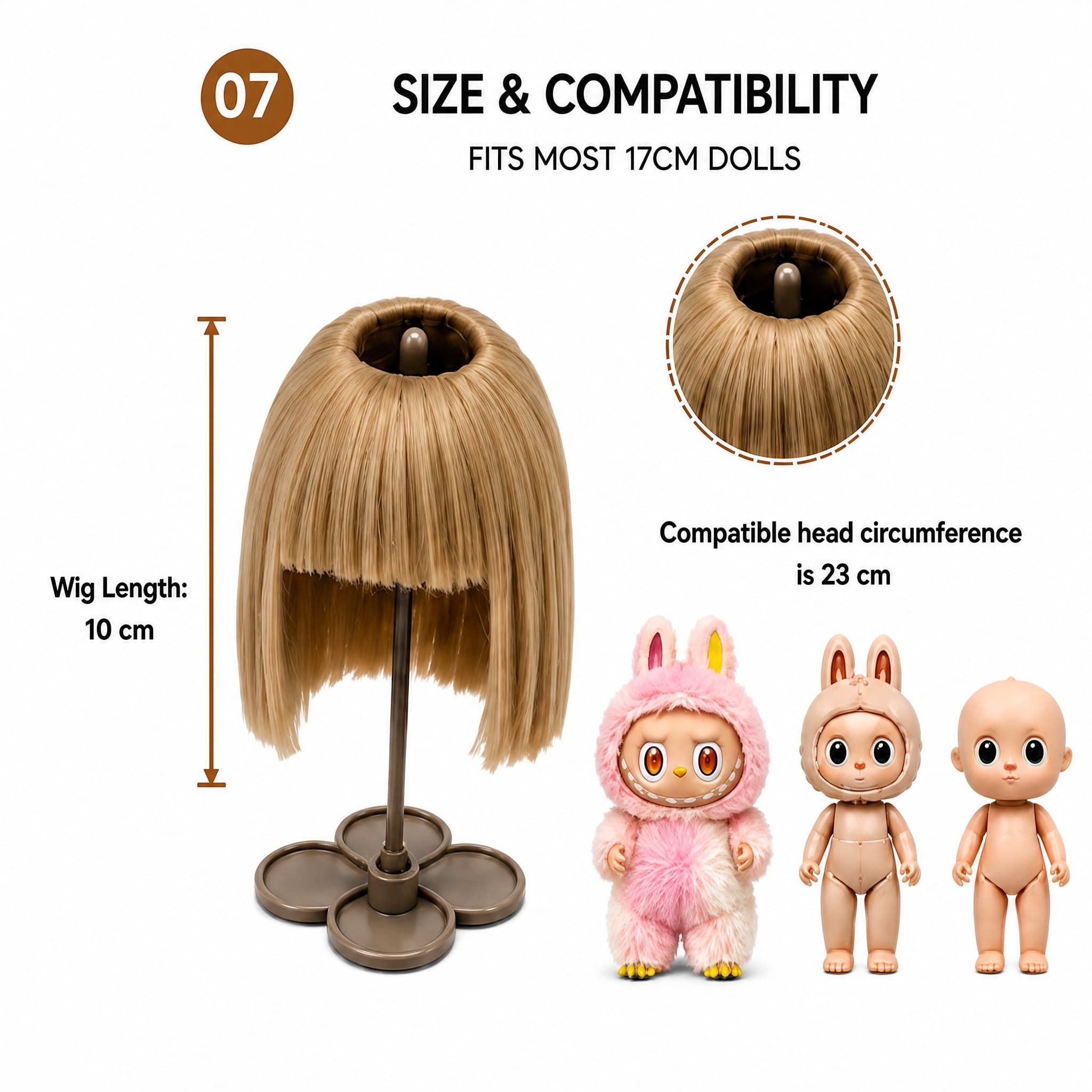 Collectible doll wig size guide for 17cm collectible 17cm dolls, approx. 23 cm head circumference